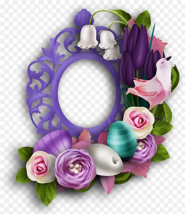 装饰紫色花朵小鸟边框素材免抠
