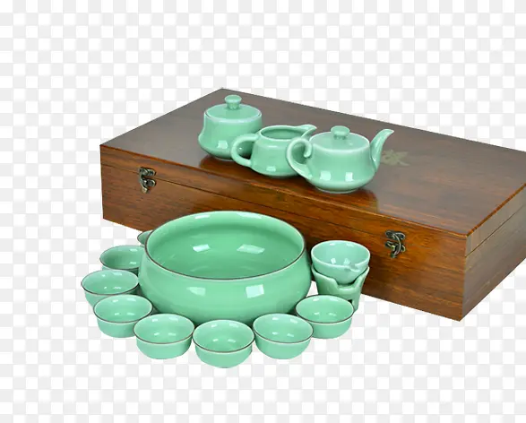 产品实物青瓷茶具套装木盒子