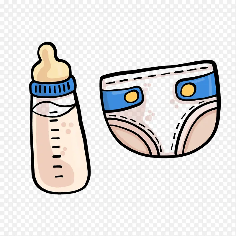 手绘水彩婴儿用品奶瓶尿裤矢量素