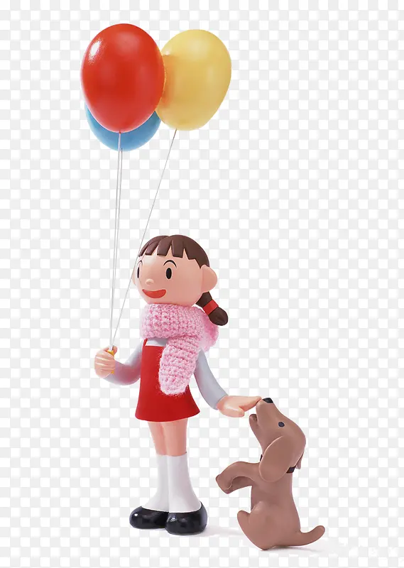 拿着气球牵着小狗的可爱女孩