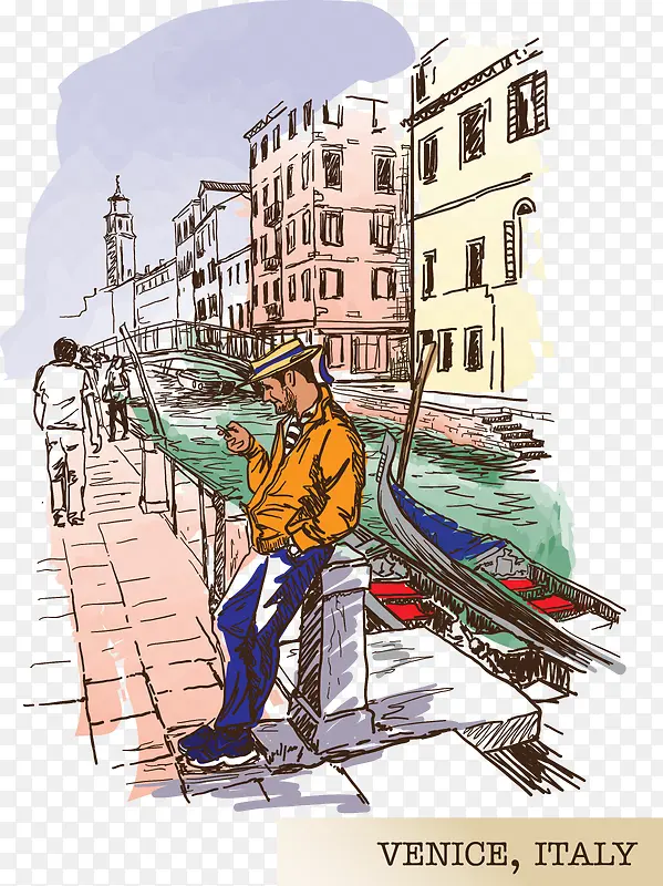素描威尼斯男士和河道