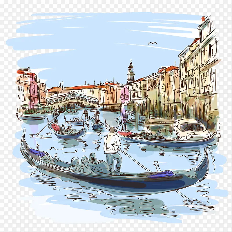 手绘水彩威尼斯街景