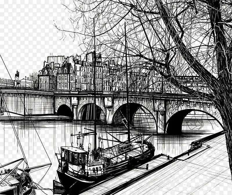 桥梁小河船手绘线描背景画