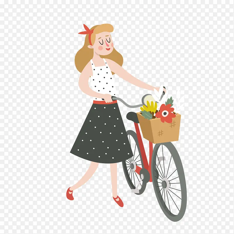 黑白色推自行车的卡通女孩