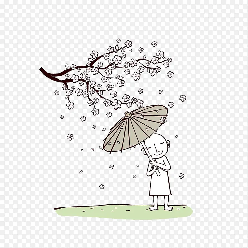 在树下撑着伞的小和尚