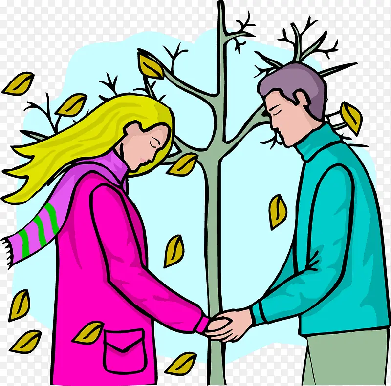 卡通插图冬日情侣握手面对面