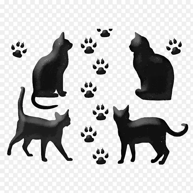 四只黑色卡通猫咪和脚印