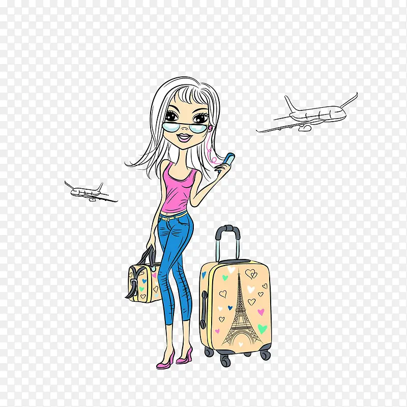 拉行李箱的时尚女孩插画