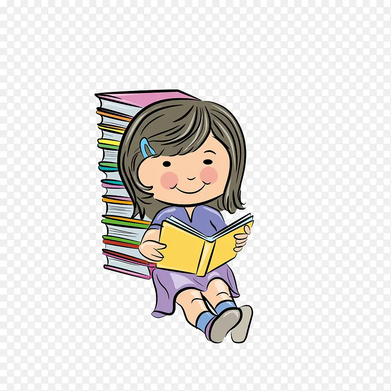 卡通躺靠着书堆边看书的小女孩素