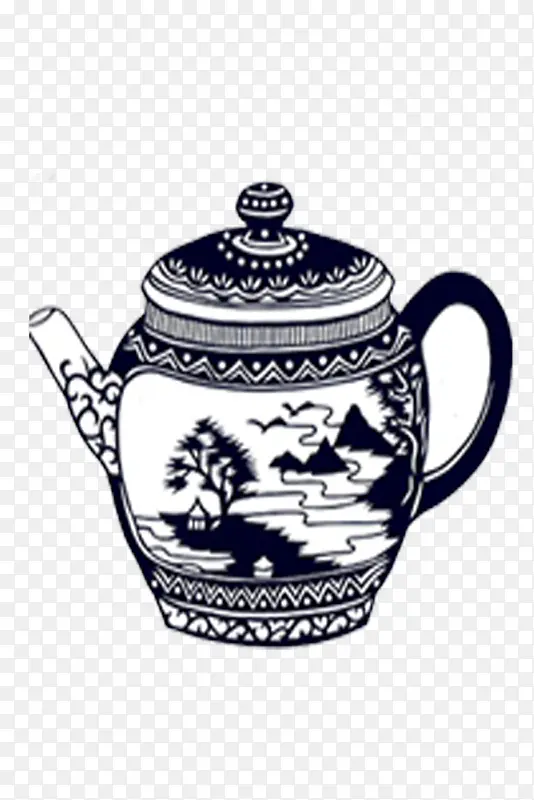 山水茶壶青花瓶