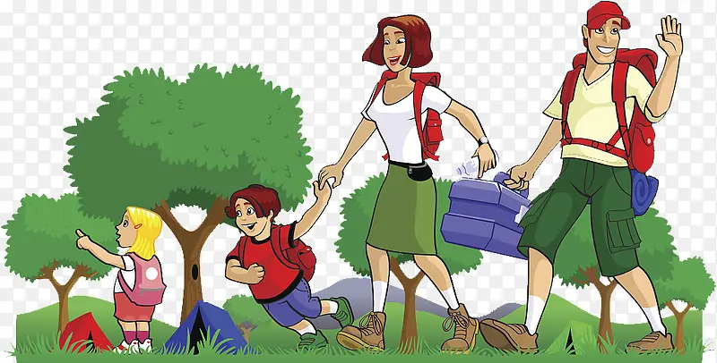 卡通人物插图草地上的一家人