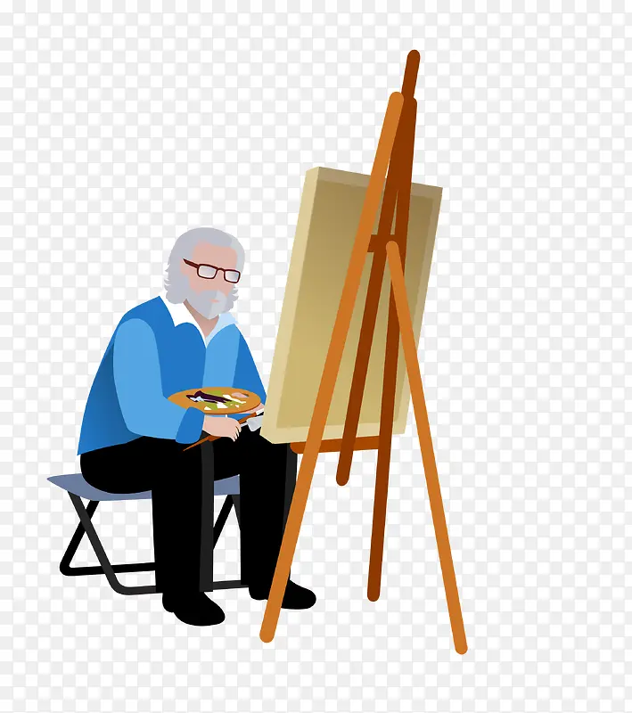 卡通老人外出写生插画矢量图