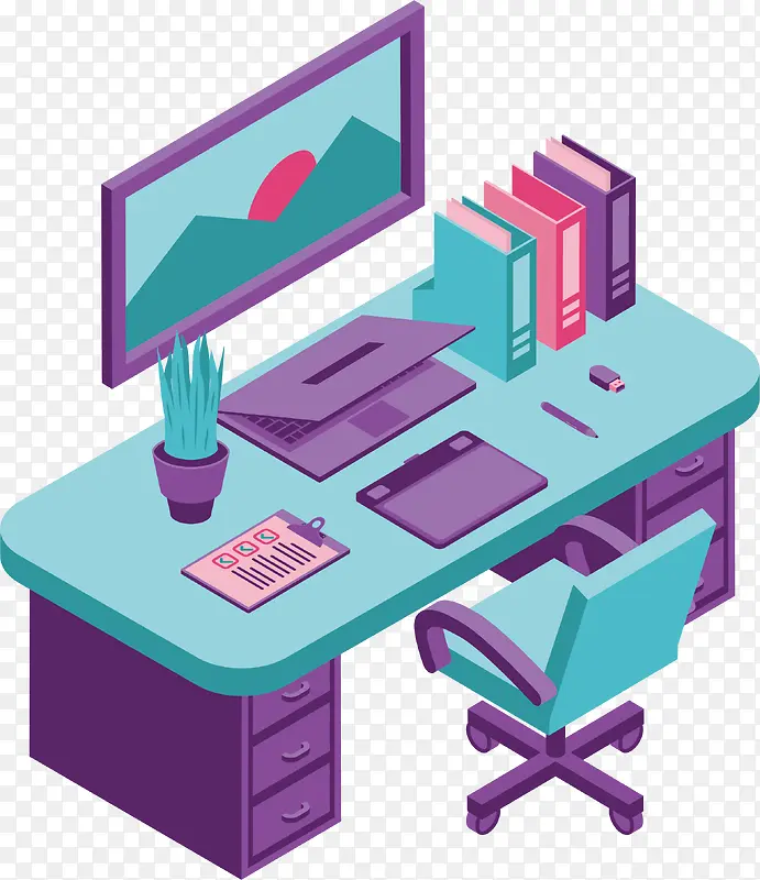 紫色绿色办公桌