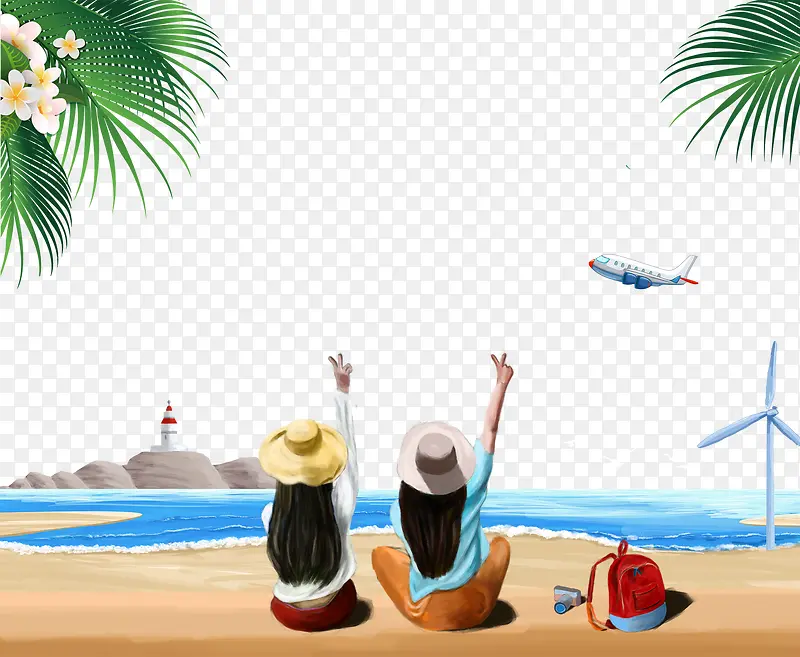 卡通手绘夏季坐在沙滩上的两个女