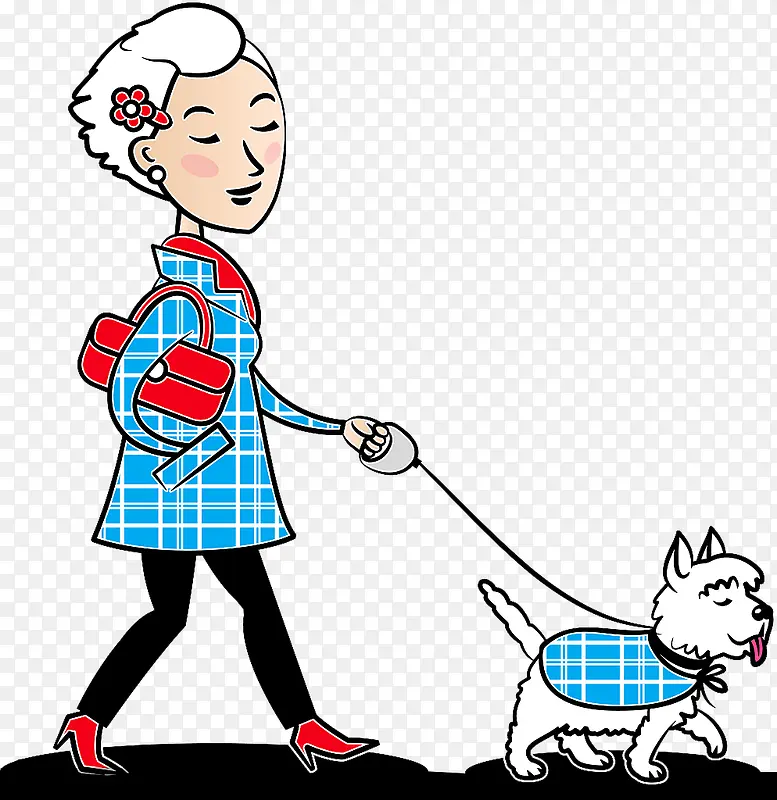 可爱插图牵着小狗走路的女孩