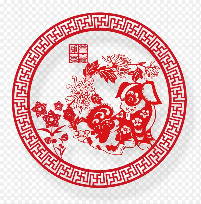 春节红色小狗剪纸psd图