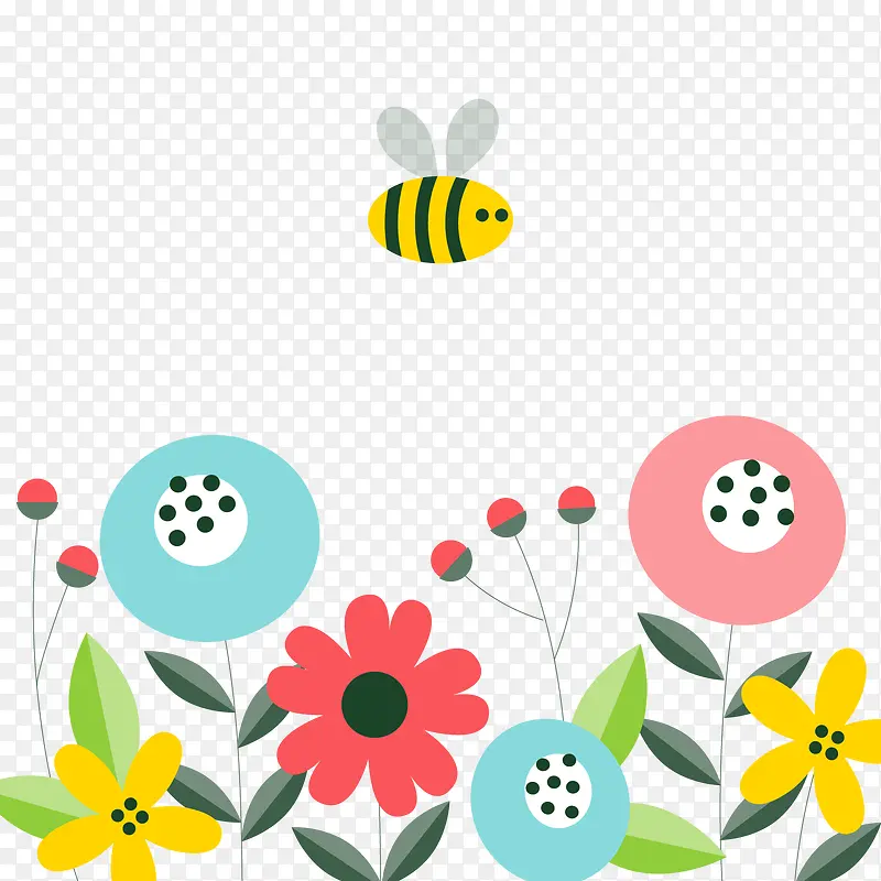 彩色花朵蜜蜂矢量图
