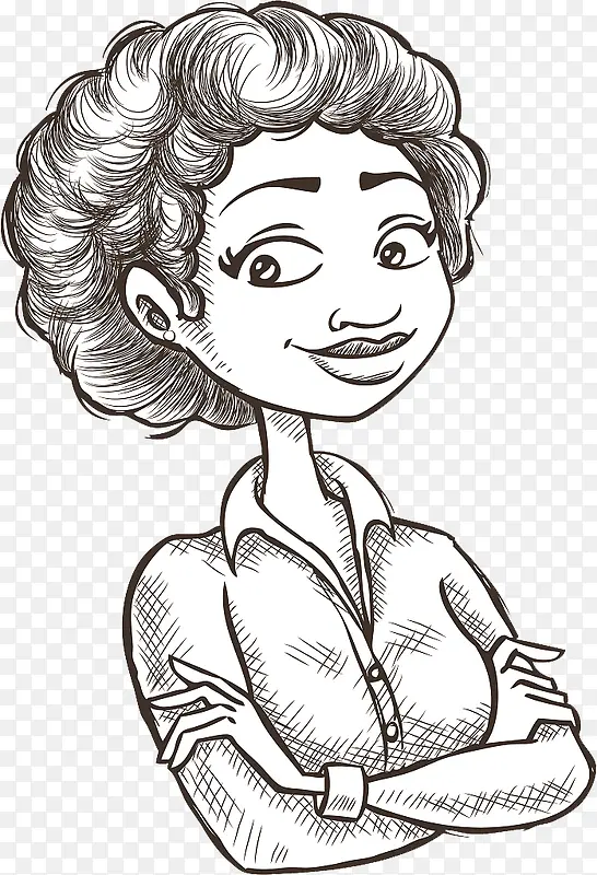 卡通铅笔手绘双手抱胸的卷发女人