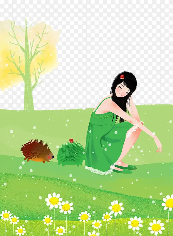 清新装饰插画坐在草地上的女孩