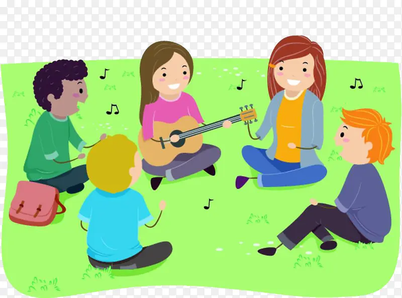 卡通插图坐在草地上唱歌的孩子们