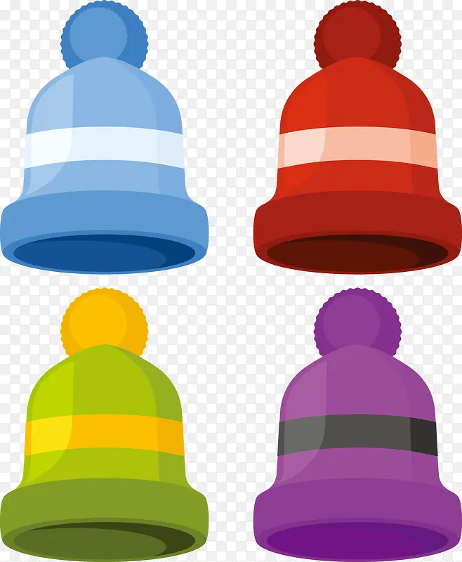四种不同颜色的冬季保暖帽子