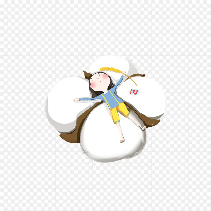 手绘卡通躺在棉花花朵上的女孩