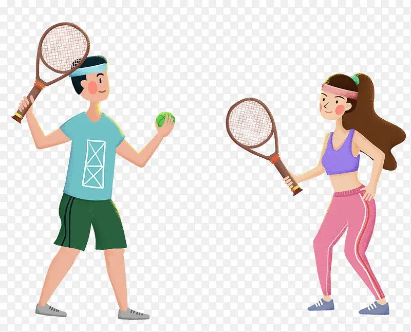 手绘可爱人物插图打网球运动健身