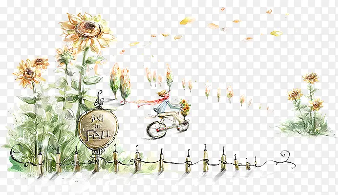 卡通手绘花朵与骑车的人物