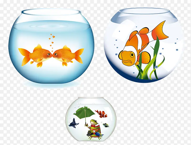 卡通手绘三个可爱鱼缸