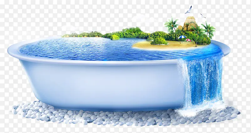 蓝色清新浴缸小岛装饰图案