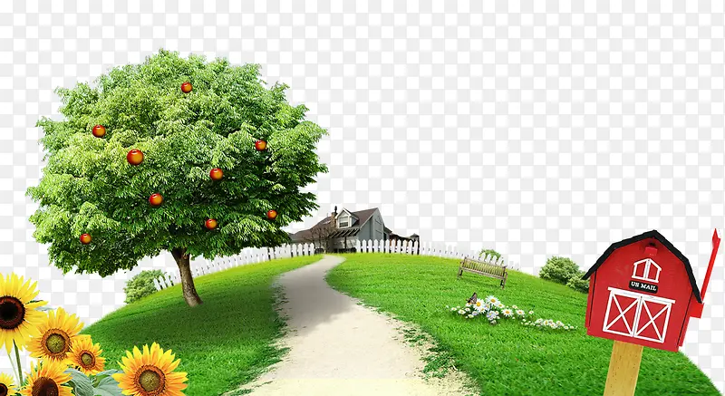 果树草坪房屋免抠素材