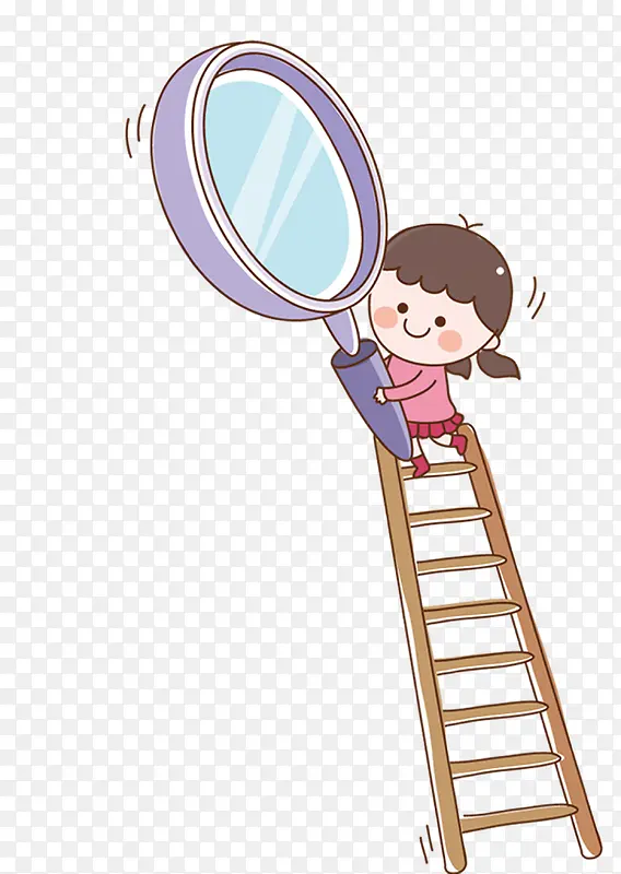 梯子上拿着放大镜的女孩