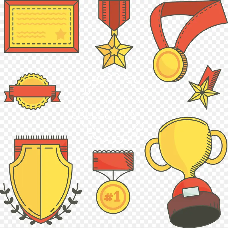 7款彩绘奖牌奖状和奖杯矢量图