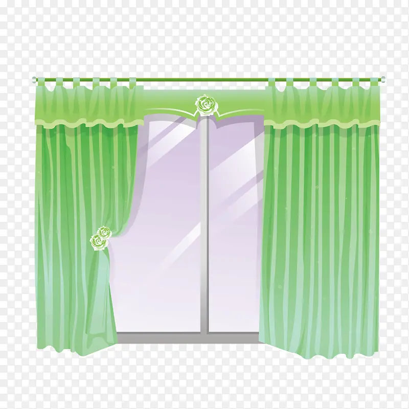 矢量绿色卡通窗户窗帘