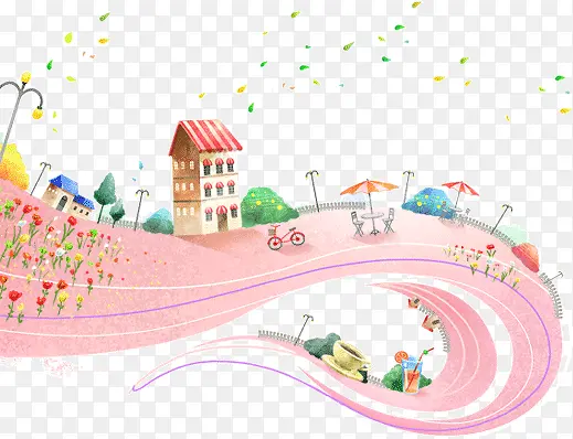 粉色浪漫插画童话道路房屋建筑