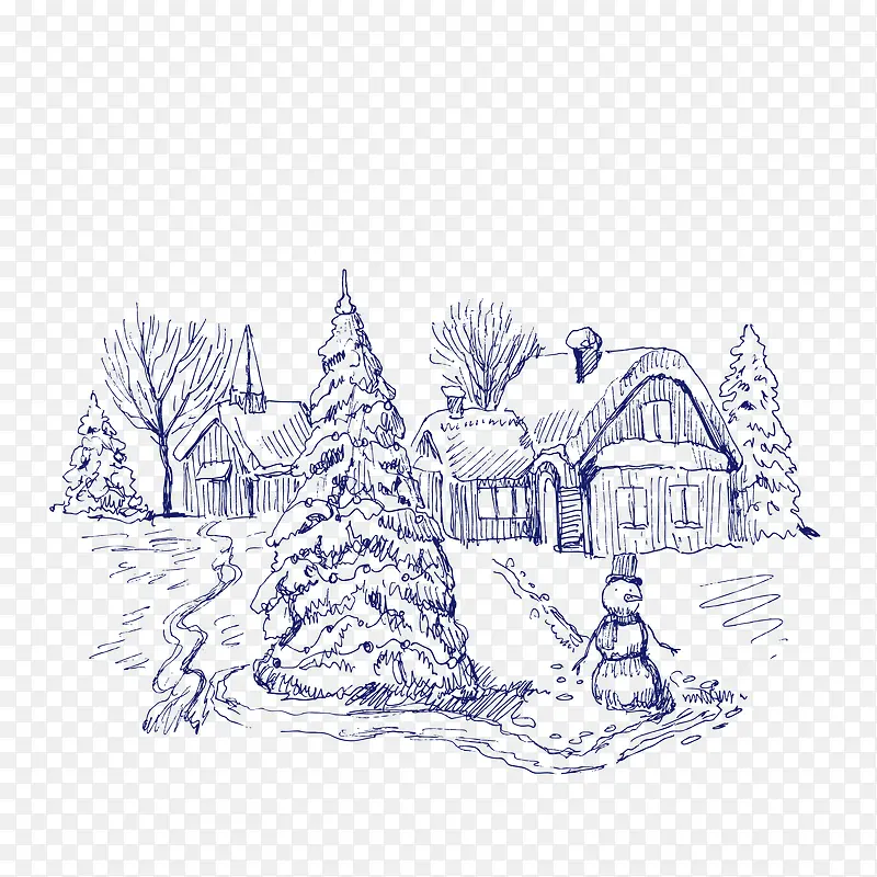 卡通手绘圣诞树雪人房屋