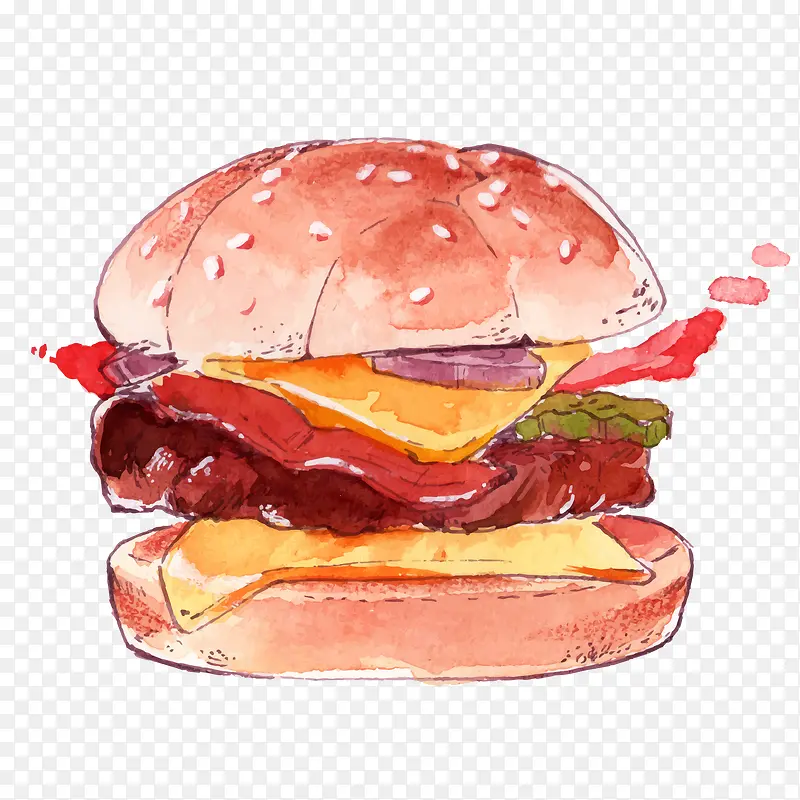 彩色水墨汉堡食物元素