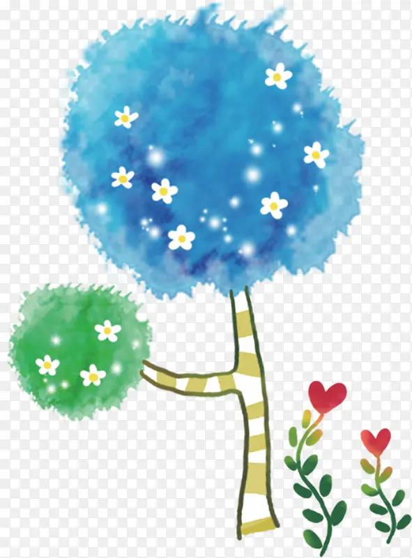 涂鸦蓝色大树花朵效果