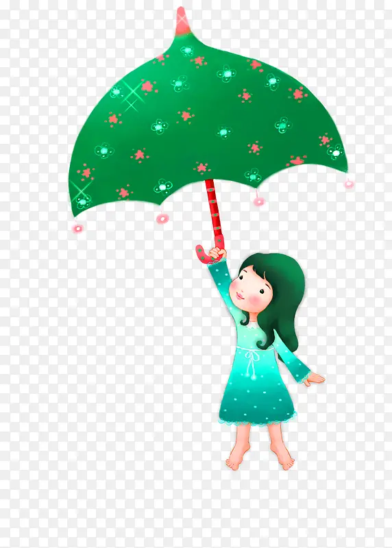 绿色卡通打伞女孩装饰图案