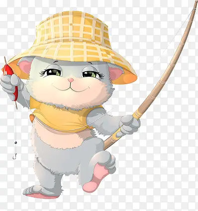 戴着帽子猫快乐的钓鱼