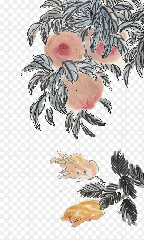 蜜桃和佛手瓜的静物国画