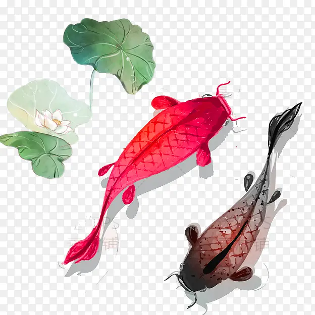 红色中国风荷塘鲤鱼装饰图案