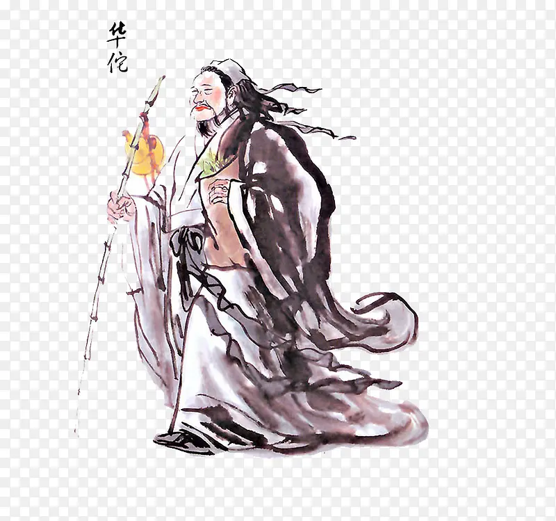 抱着草药的水粉画华佗