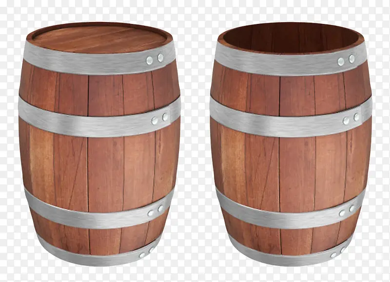 深棕色容器铆钉固定的空木桶实物
