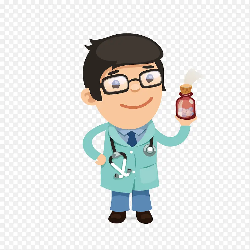 手绘卡通男医生手拿药瓶