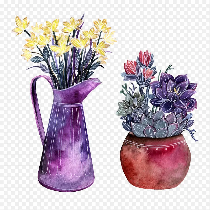 水彩花瓶里的鲜花
