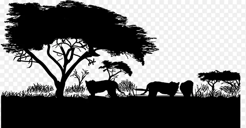 黑白非洲草原猎豹狮子剪影