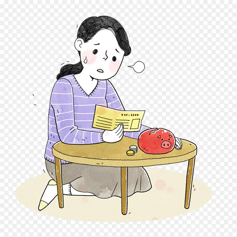 卡通插图看到账单没有钱的女孩PNG图片素材下载_图片编号8392205-PNG素材网