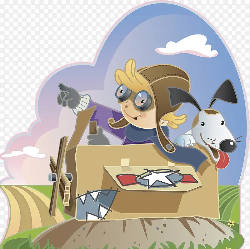 卡通插图探险的小男孩与小狗