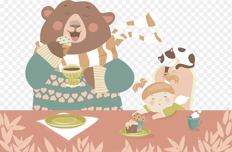 矢量图吃饭的熊和女孩